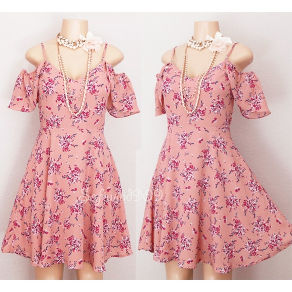 Very J Dresses & Skirts - Blush Pink Floral Flutter Off Shoulder Cute Dress